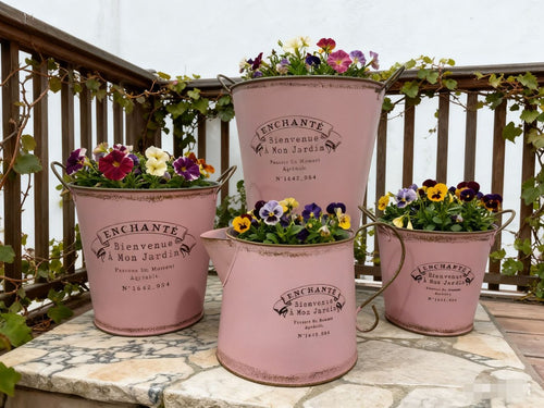Vintage French Country Metal Planter Set of 4 – Rustic "Enchanté" Collection