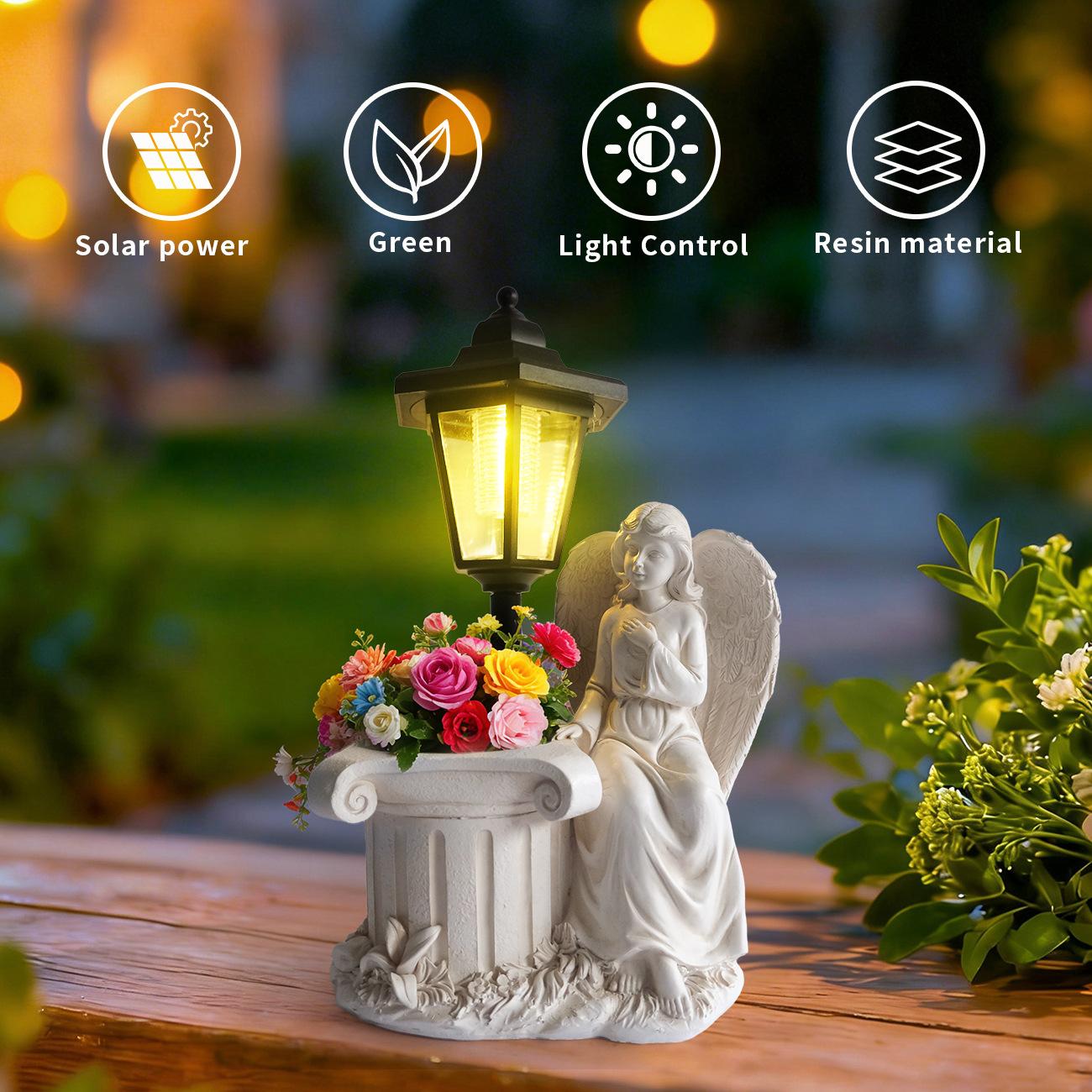 Guardian Angel Solar Lantern Statue – Elegant Resin Garden Planter & Glowing Orb Sculptures