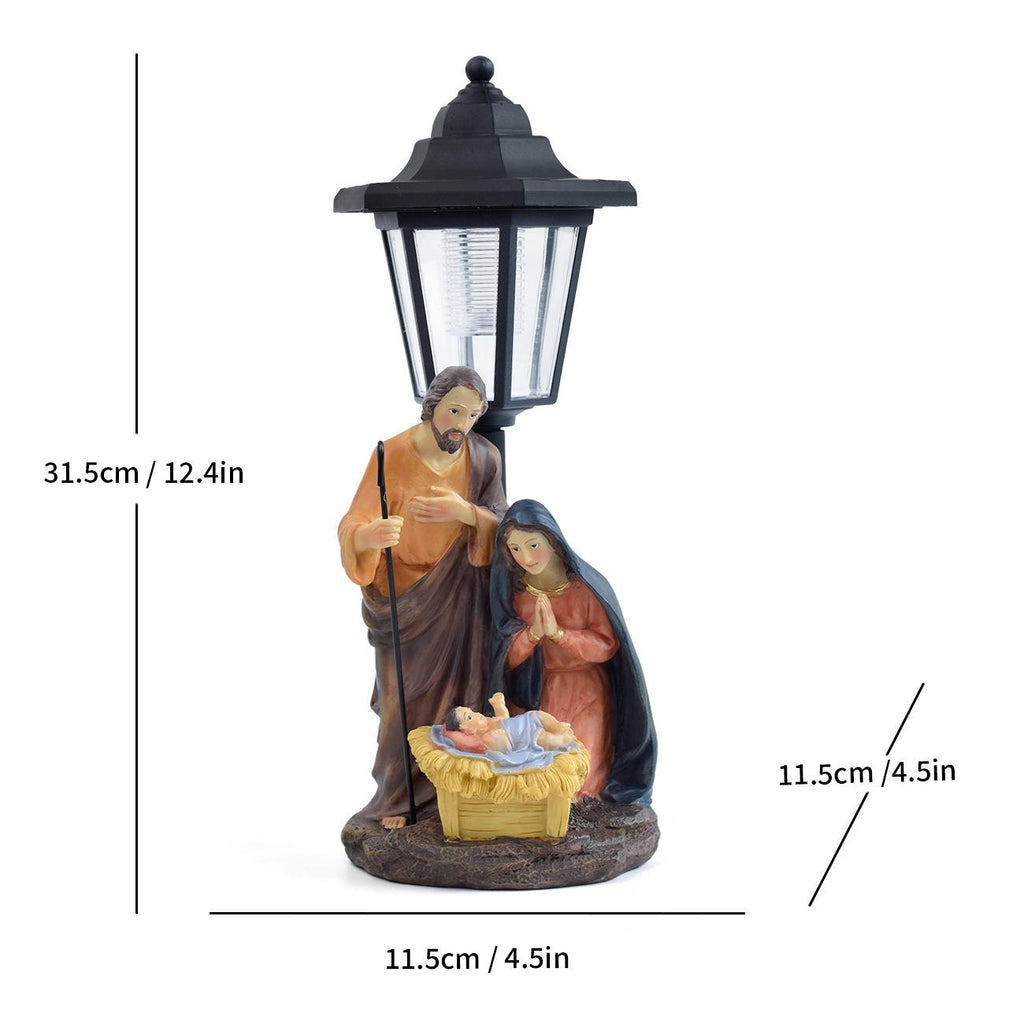 Solar garden animal statue with black lantern and a nativity-style scene around a manger.