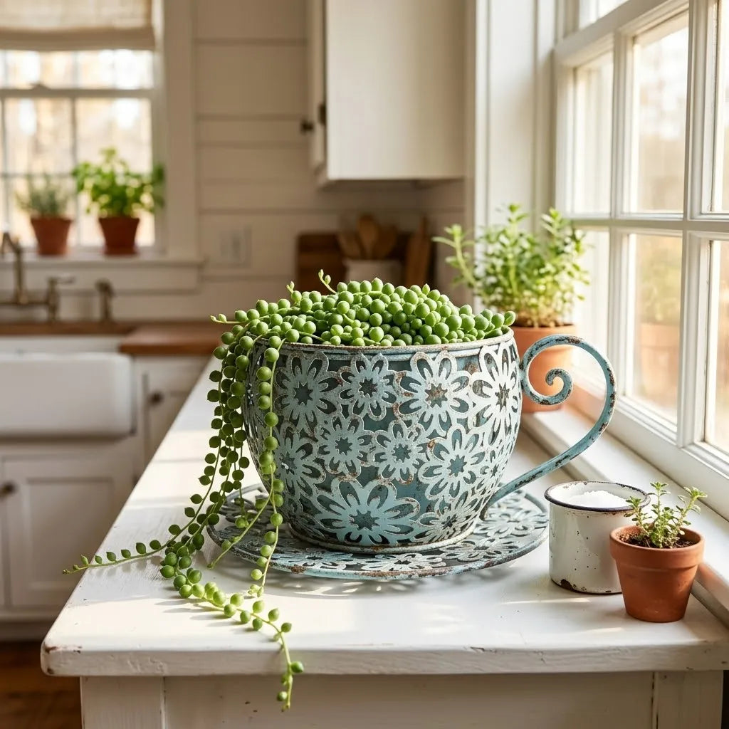 Vintage Floral Cutout Metal Teacup Planter – Rustic Iron Cachepot with Saucer Base & Scrolled Handle (11" Wide),Decorative pot with green plant on a kitchen counter
