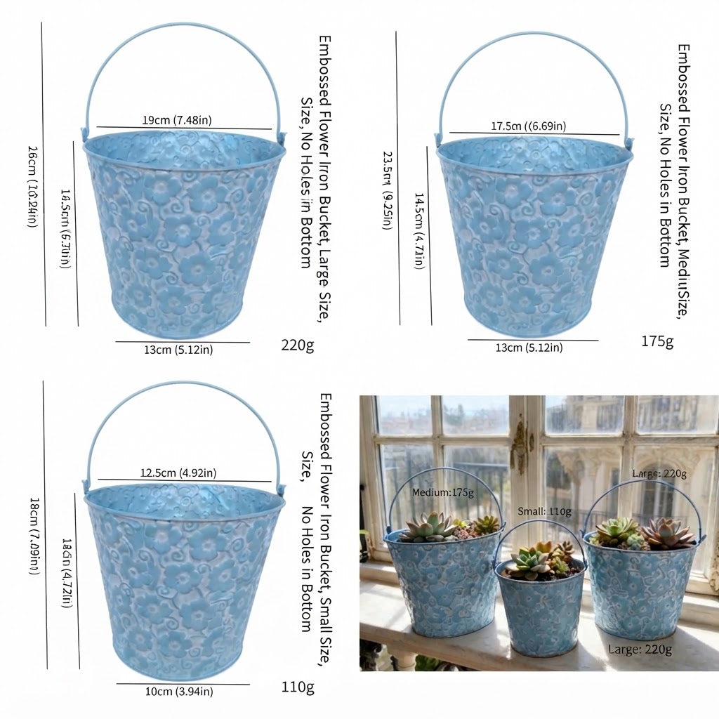 French Country Embossed Metal Planters – Vintage Floral Bucket Cachepots (Set of 3)