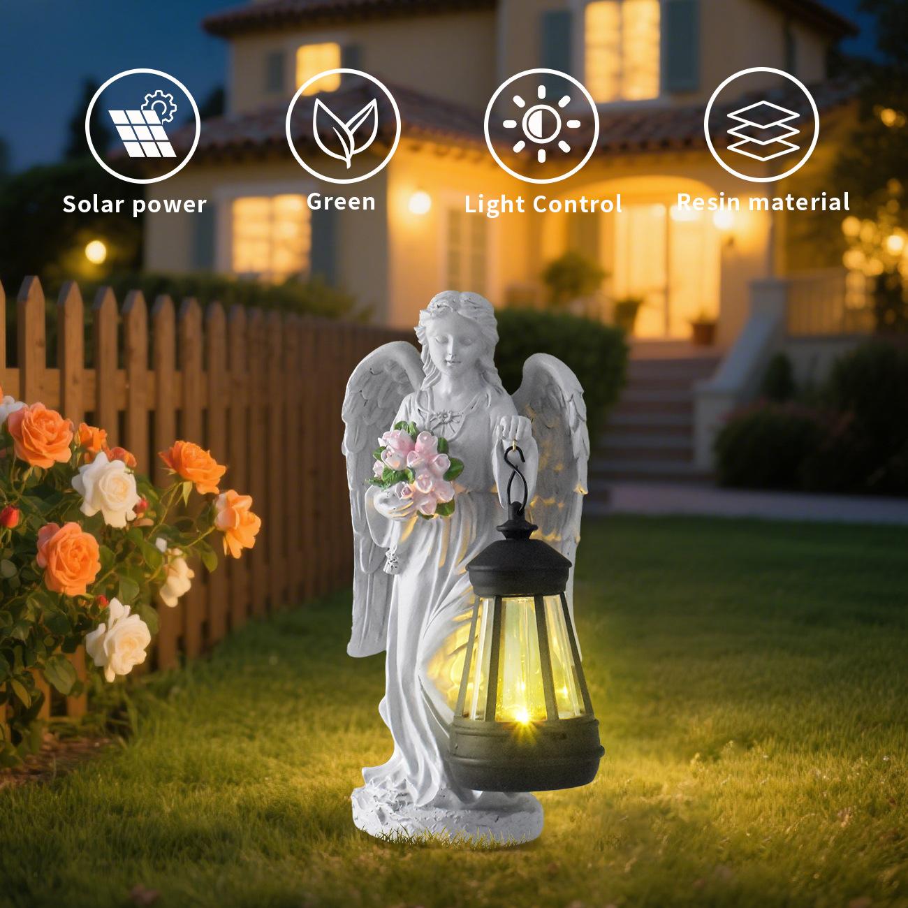 Decorative angel statue with lantern in a garden at night, featuring solar power and green material icons.