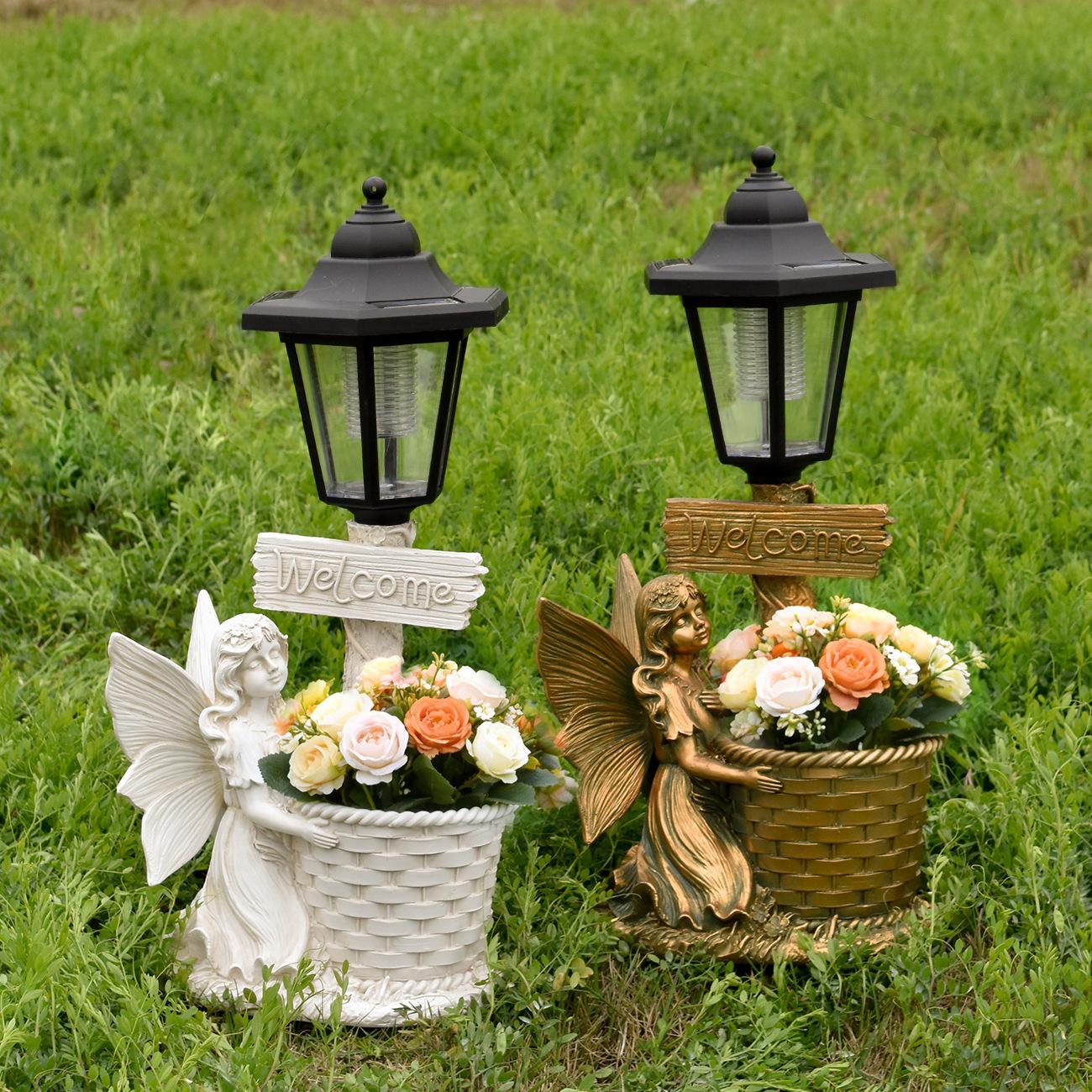 Guardian Angel Solar Lantern Statue – Elegant Resin Garden Planter & Glowing Orb Sculptures