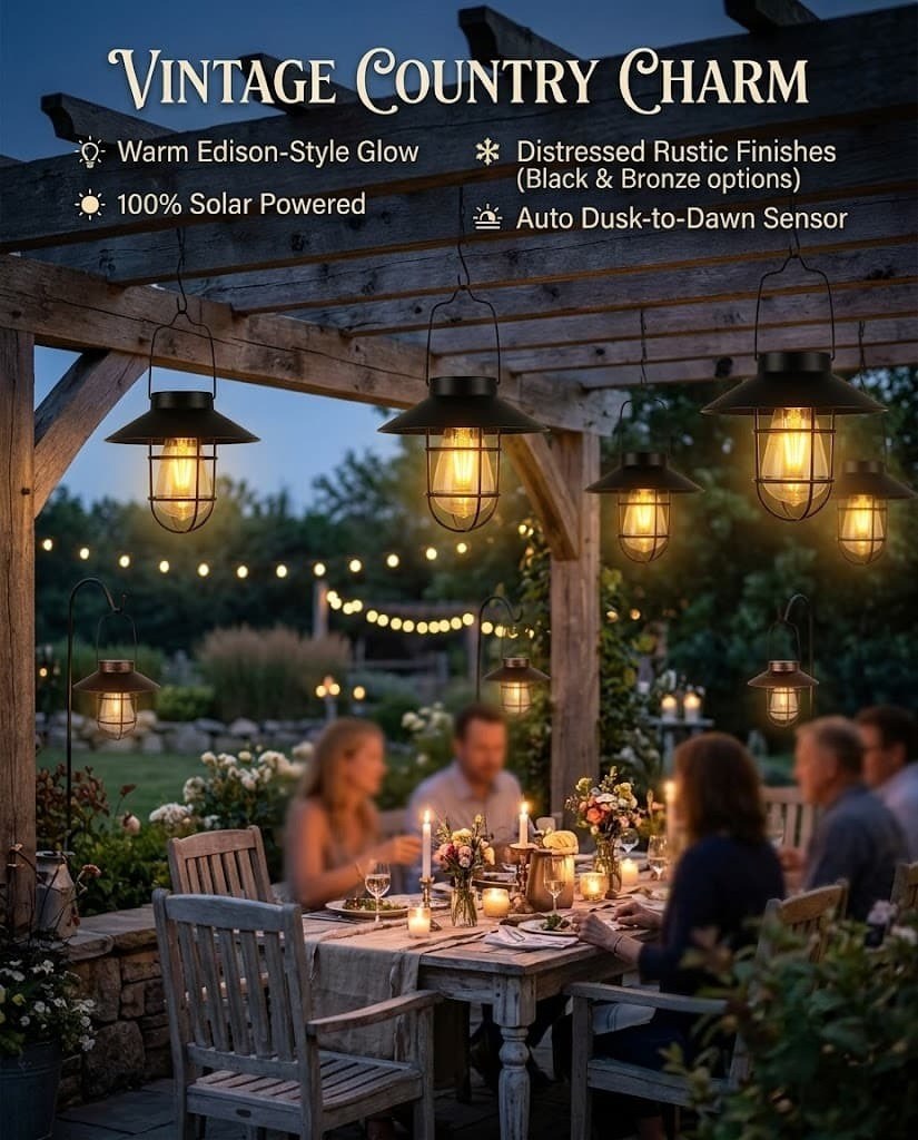 Vintage Edison-Style Solar Hanging Lantern – Rustic Farmhouse Outdoor Garden Light (2 Colors)