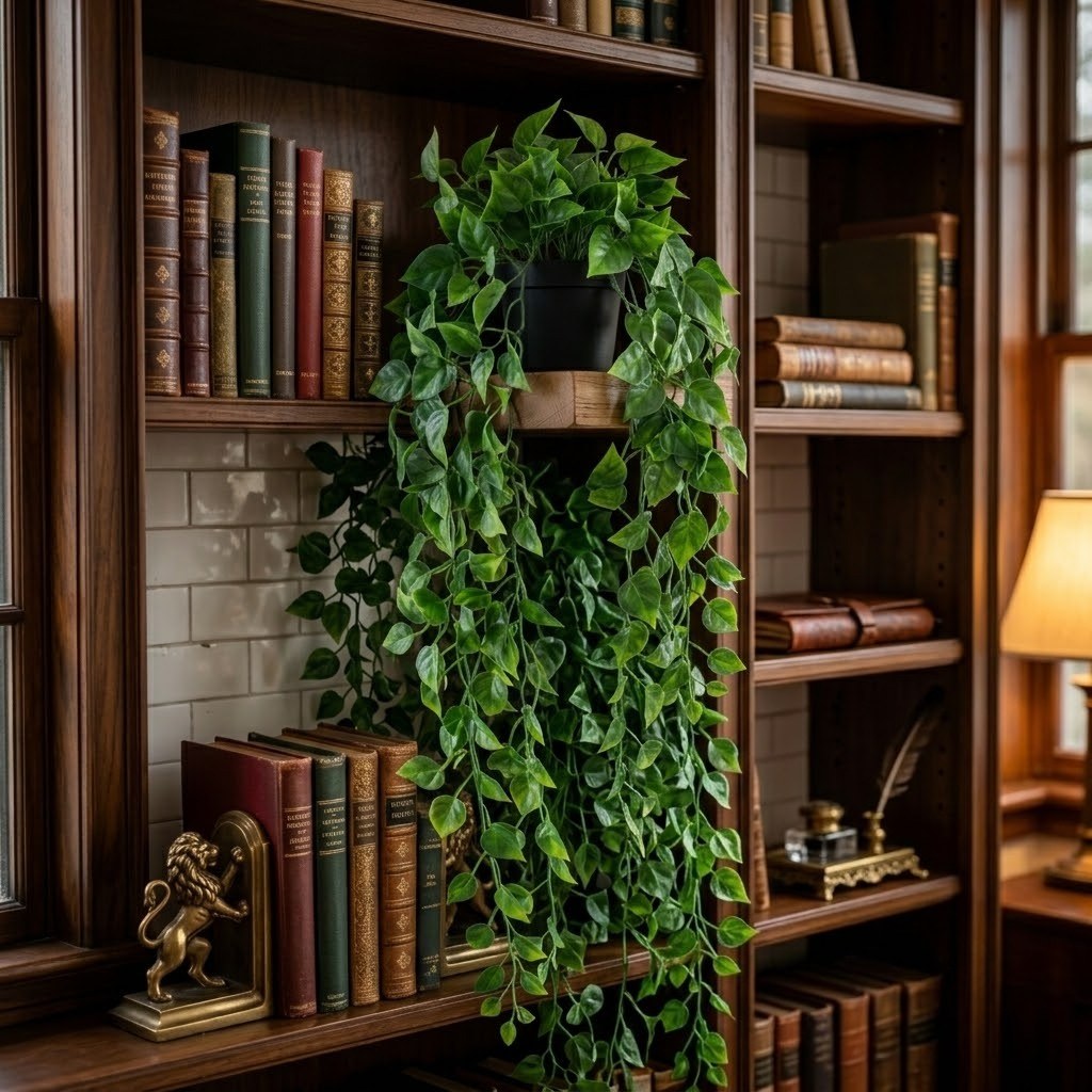 Artificial hanging potted plant with cascading green heart-shaped leaves