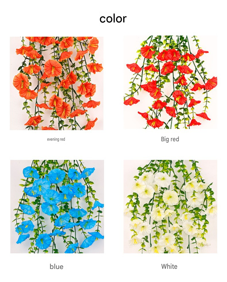 Color options for artificial hanging vine flowers: evening red, big red, blue, white.