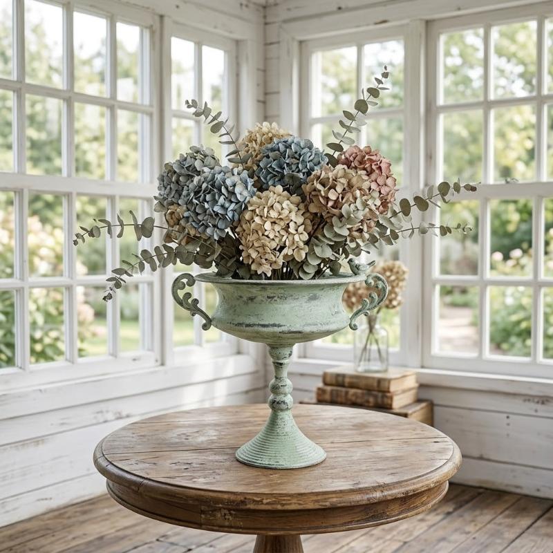 Verdigris pedestal planter urn with curled handles on round pedestal base