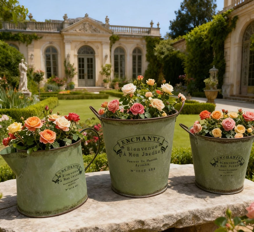Vintage French Country Metal Planter Set of 4 – Rustic "Enchanté" Collection
