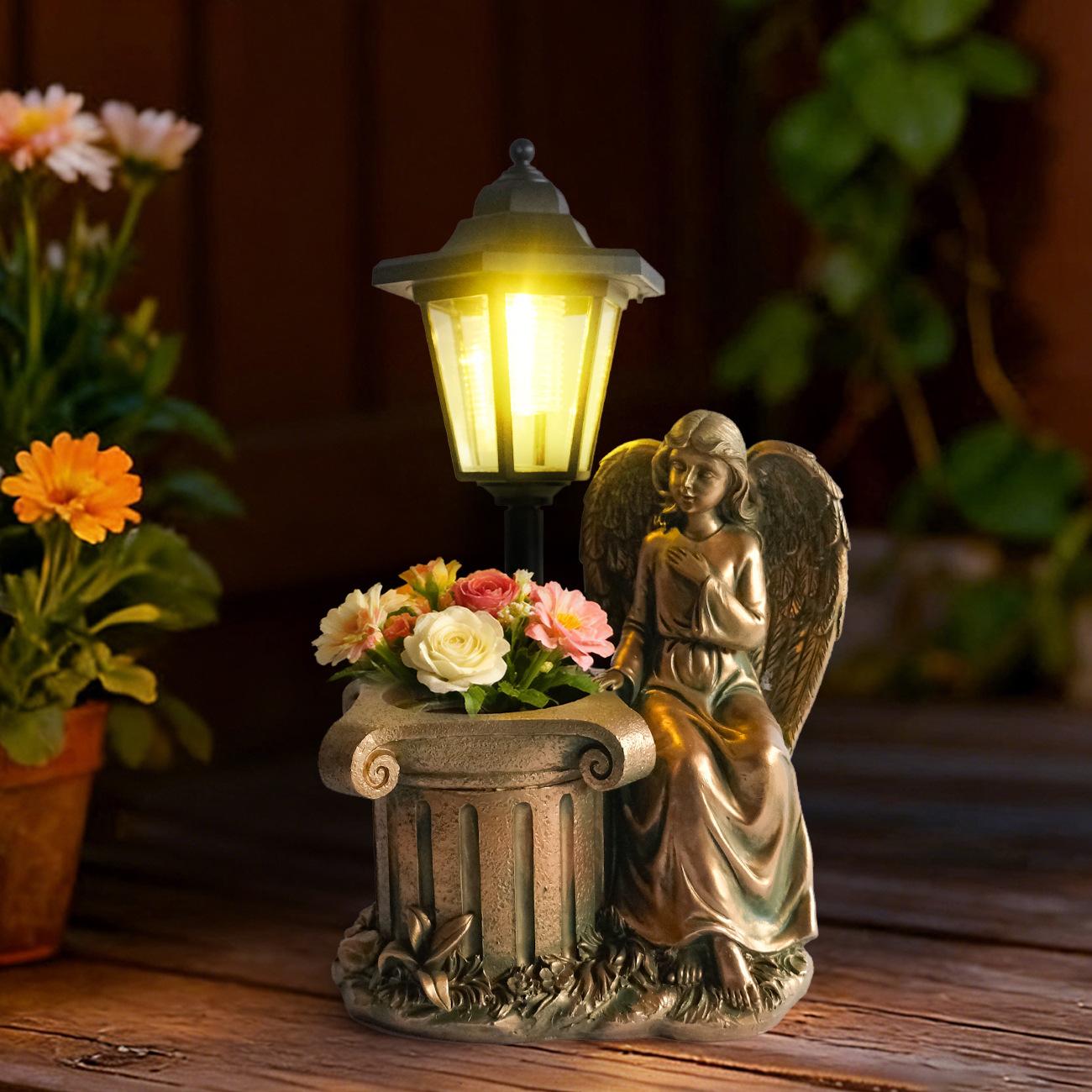 Guardian Angel Solar Lantern Statue – Elegant Resin Garden Planter & Glowing Orb Sculptures