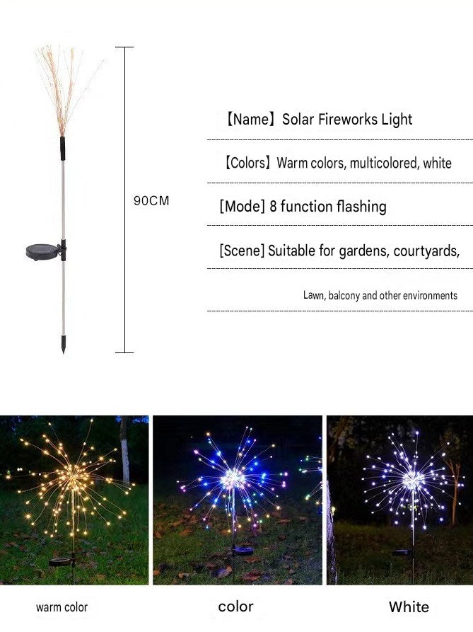 Solar firework stake light packaging showing two stakes and light mode features