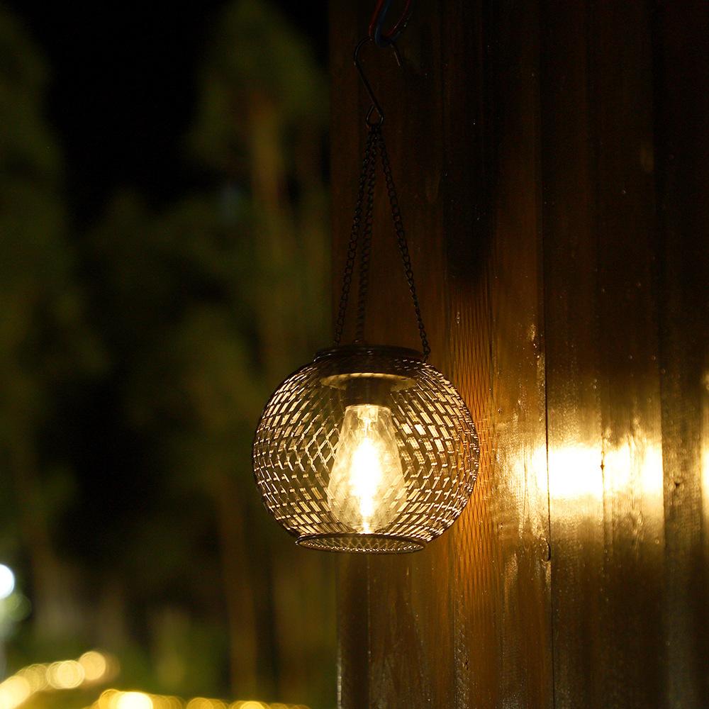 Solar Hanging Globe Lantern – Rustic Iron Mesh Outdoor Light with Vintage Edison Bulb
