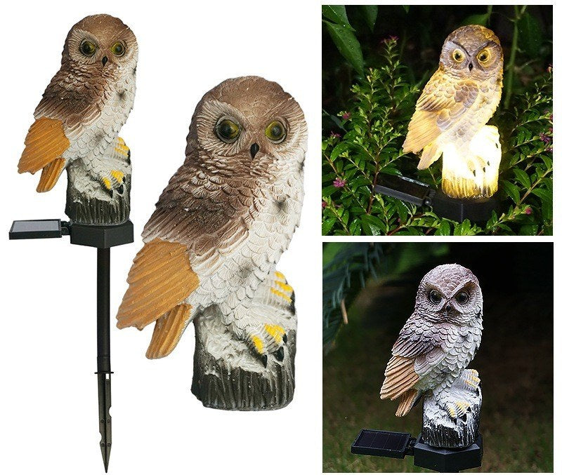 Owl animal solar stake lights with two brown-and-white owls on black stakes