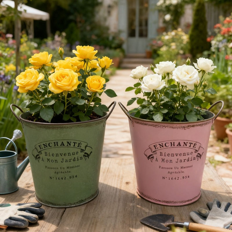 Vintage French Country Metal Planter Set of 4 – Rustic "Enchanté" Collection