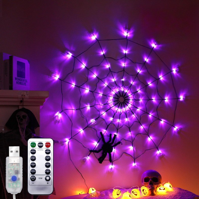 Kæmpe glødende Halloween LED-edderkoppespind med sort edderkop og fjernbetjening, lilla lys