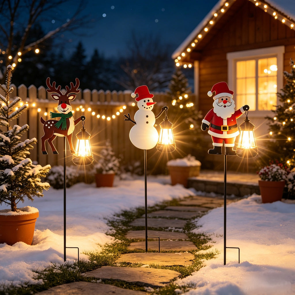 Luminous Winter Friends – Flat Metal Christmas Stake with Glowing Solar Lantern (32" Tall)