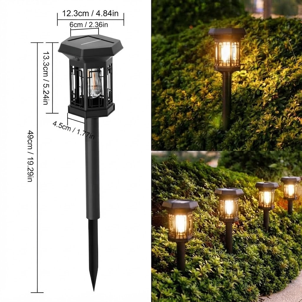 Sort solcellelampe med sekskantet top, glasindsats og bursider, størrelsesdiagram