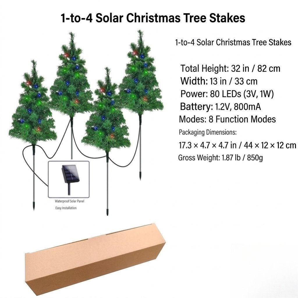 Solar Christmas tree stakes set diagram showing 1-to-4 trees with solar panel
