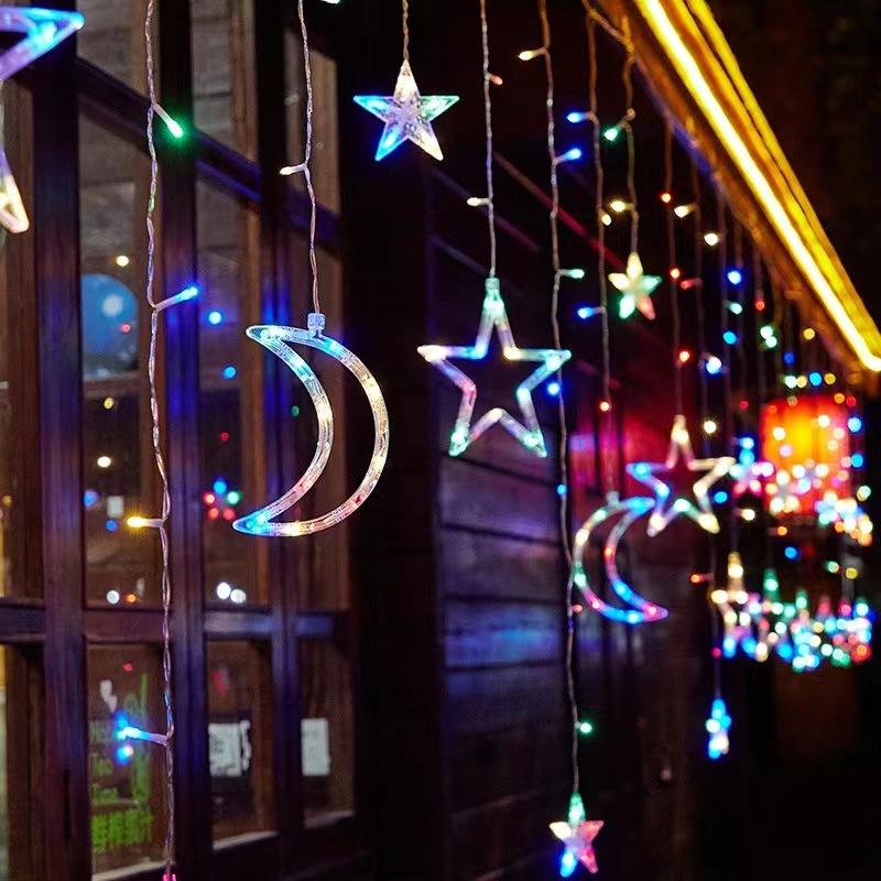 Celestial Solar Curtain Lights – Waterproof Star & Moon Outdoor Fairy Lights with Remote (11.5 ft)