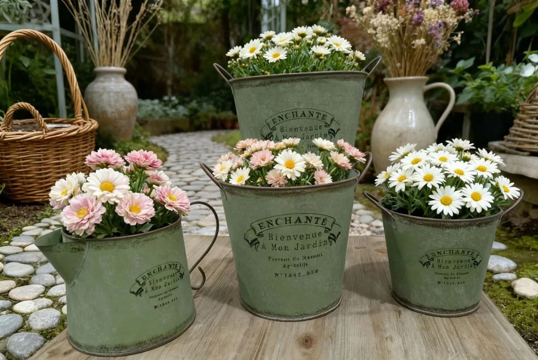 Sæt med 4 metalplantekasser med vintage grøn finish, nogle med håndtag og margueritter