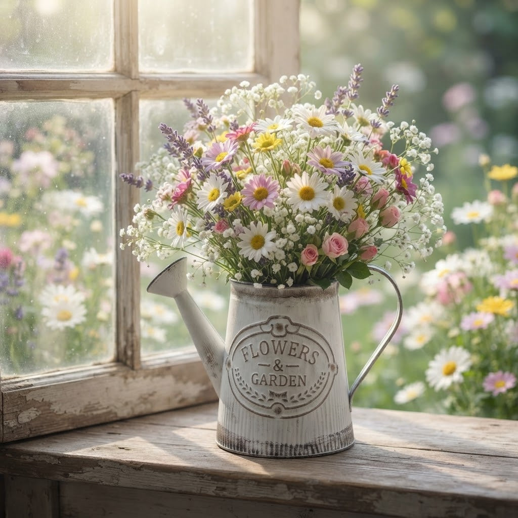 Vintage metal watering can vase with 'Flowers & Garden' emblem, filled with mixed flowers.
