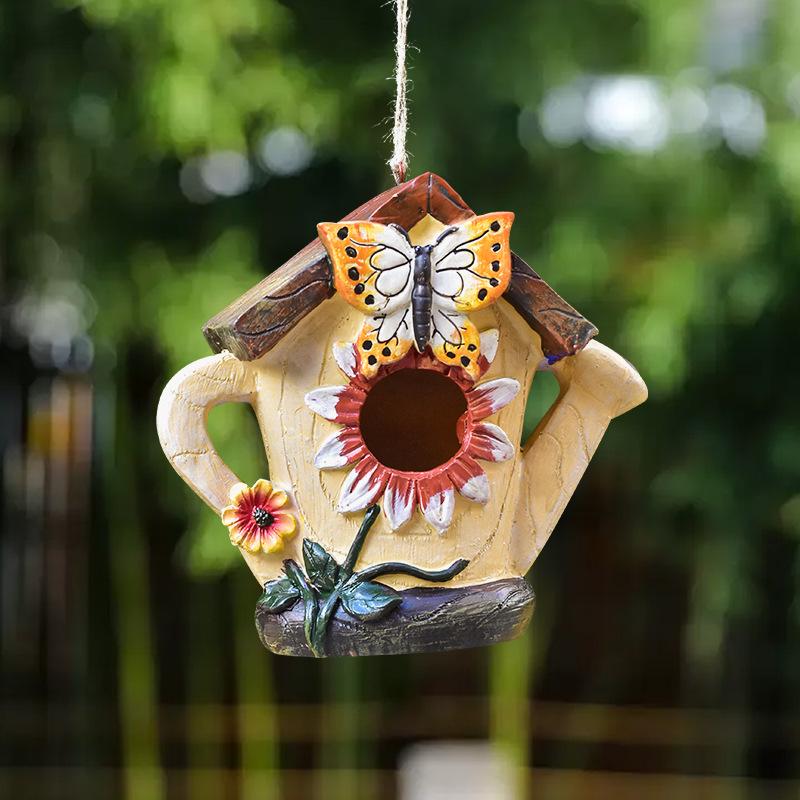 Whimsical Woodland Birdhouse Ornament – Hand-Painted Rustic Hanging Garden Decor