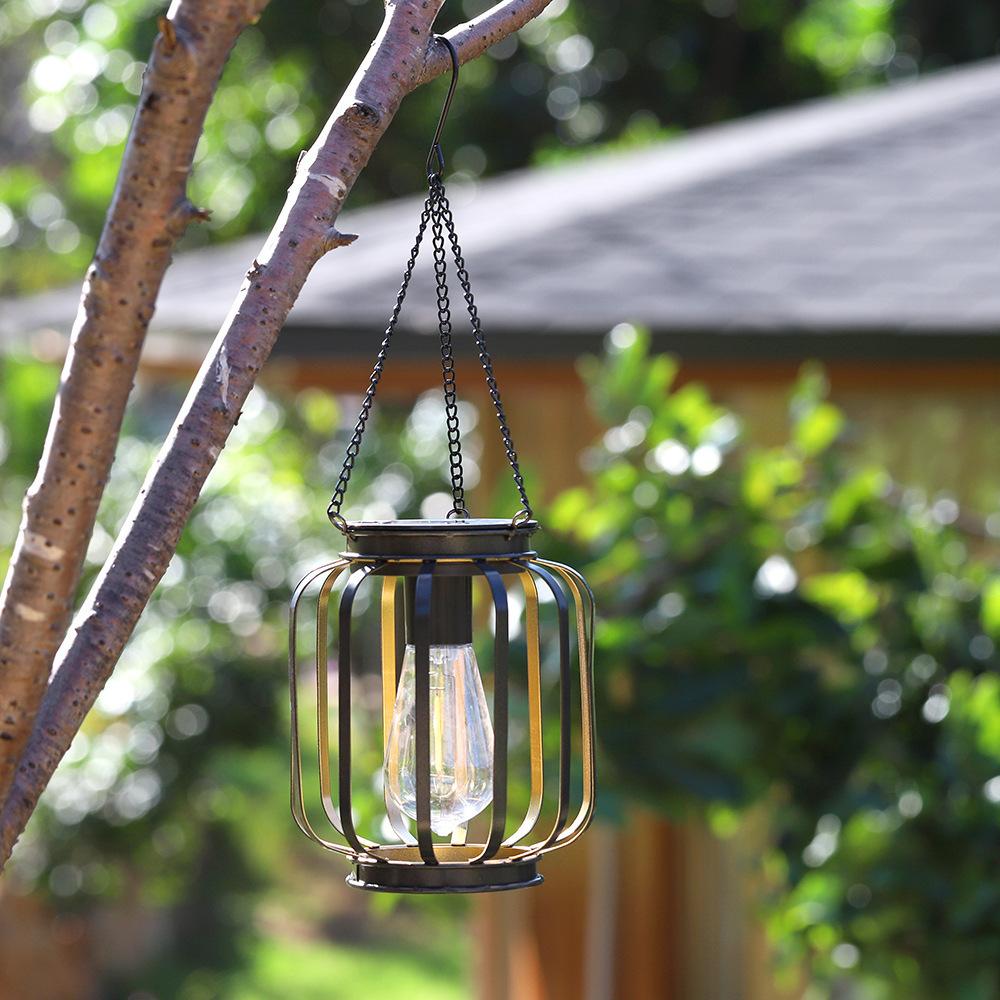 Spherical Solar Hanging Lantern – Rustic Iron Cage Outdoor Light with Vintage Edison Bulb
