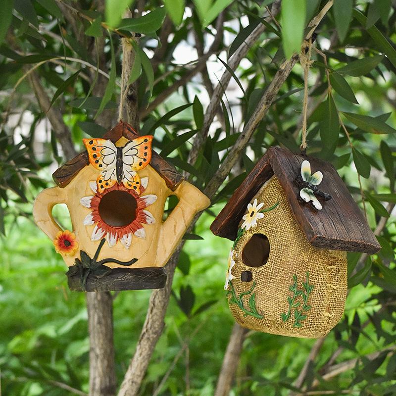Whimsical Woodland Birdhouse Ornament – Hand-Painted Rustic Hanging Garden Decor