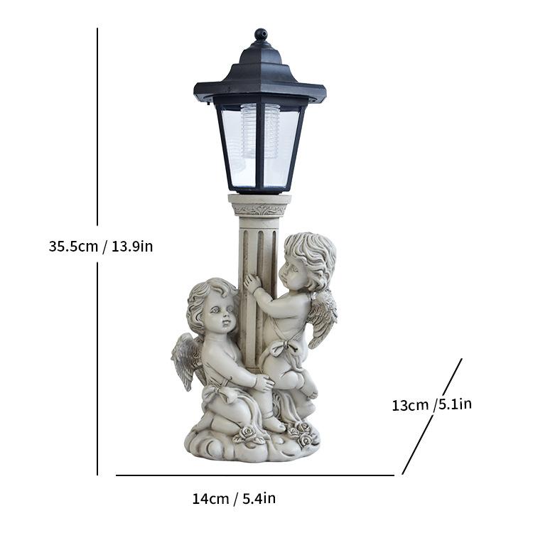 Solar garden animal statue with black lantern and three light-gray cherub angels by a column.