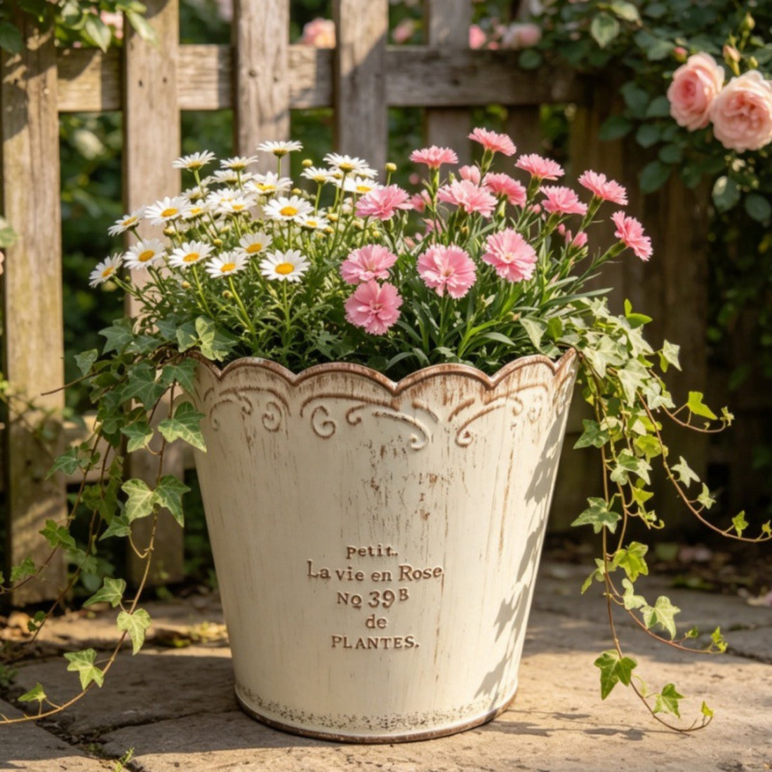 Vintage French Country Metal Planter Set – 3-Piece Rustic Scalloped Flower Pots