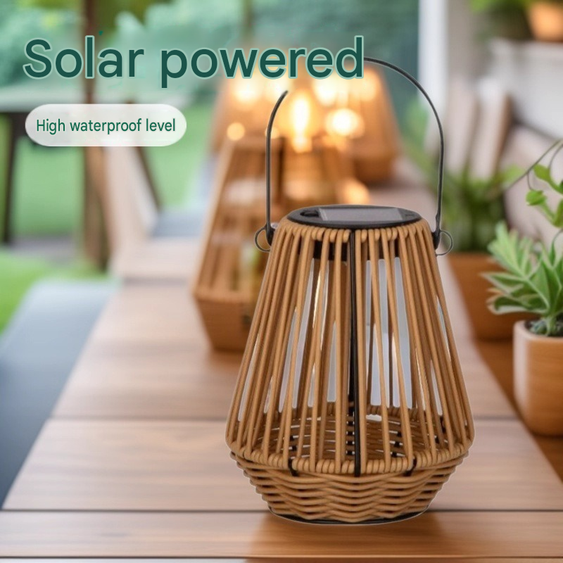 Solar Woven Rattan Lantern – Boho Outdoor Table & Hanging Light (9.4" Tall)