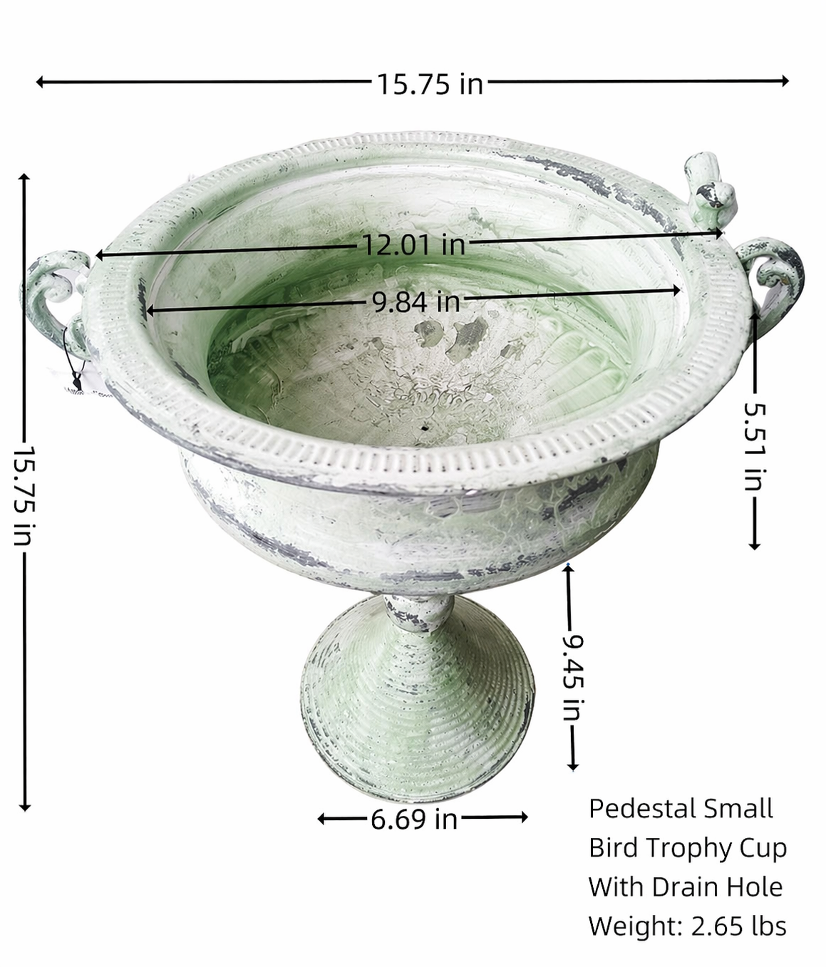 French Country Pedestal Planter Urn – Vintage Bird Trophy Garden Pot – Distressed Verdigris & Antique Gold (15.7" Tall)