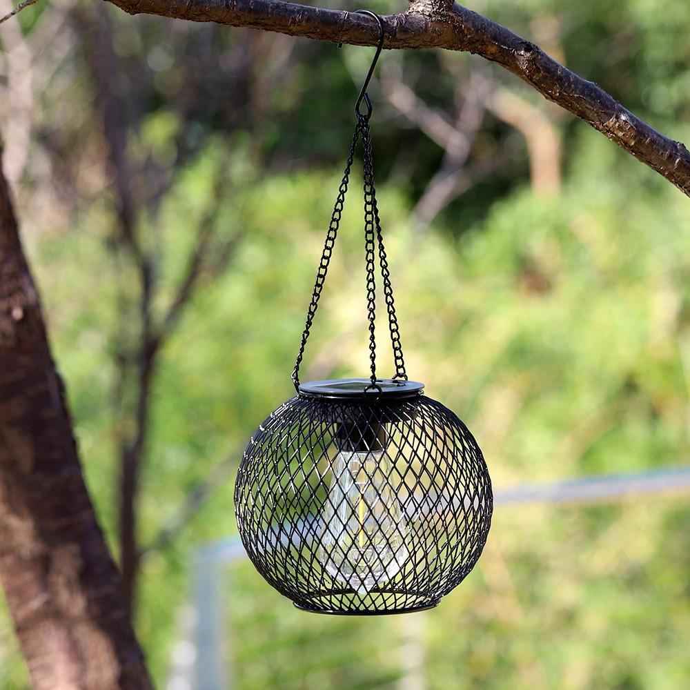 Solar Hanging Globe Lantern – Rustic Iron Mesh Outdoor Light with Vintage Edison Bulb