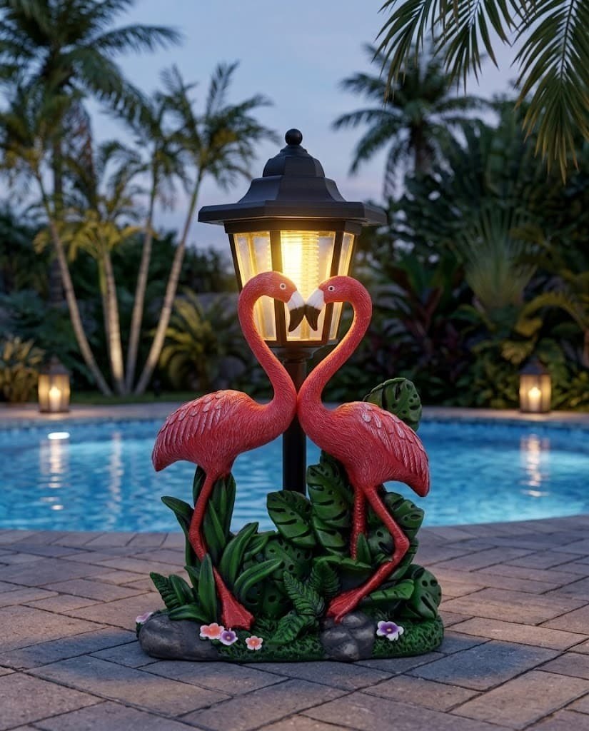 Tropical Romance Solar Lantern Statue – Hand-Painted Flamingo Garden Sculpture (12.5" Tall)