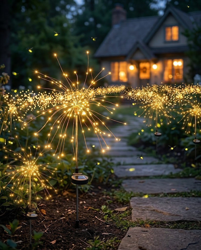 LED solar firework stake light glowing warm golden burst with thin wire spikes