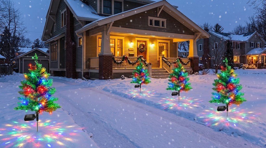 Outdoor solar Christmas tree stakes with multicolor LEDs along a snowy walkway