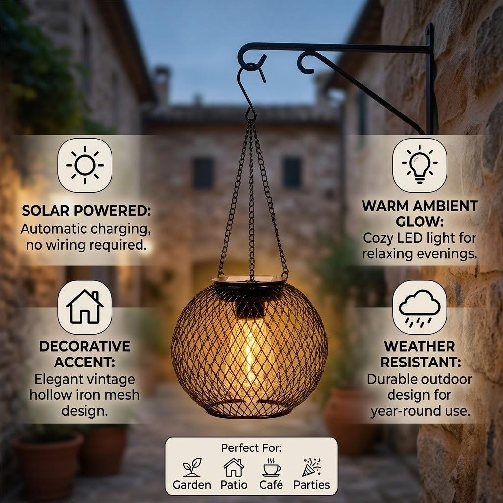 Solar Hanging Globe Lantern – Rustic Iron Mesh Outdoor Light with Vintage Edison Bulb