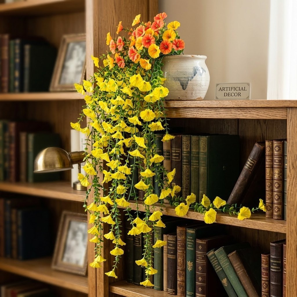 Artificial trailing vine flowers with yellow blooms and dangling green stems.