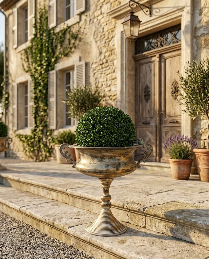 French Country Pedestal Planter Urn – Vintage Bird Trophy Garden Pot – Distressed Verdigris & Antique Gold (15.7" Tall)
