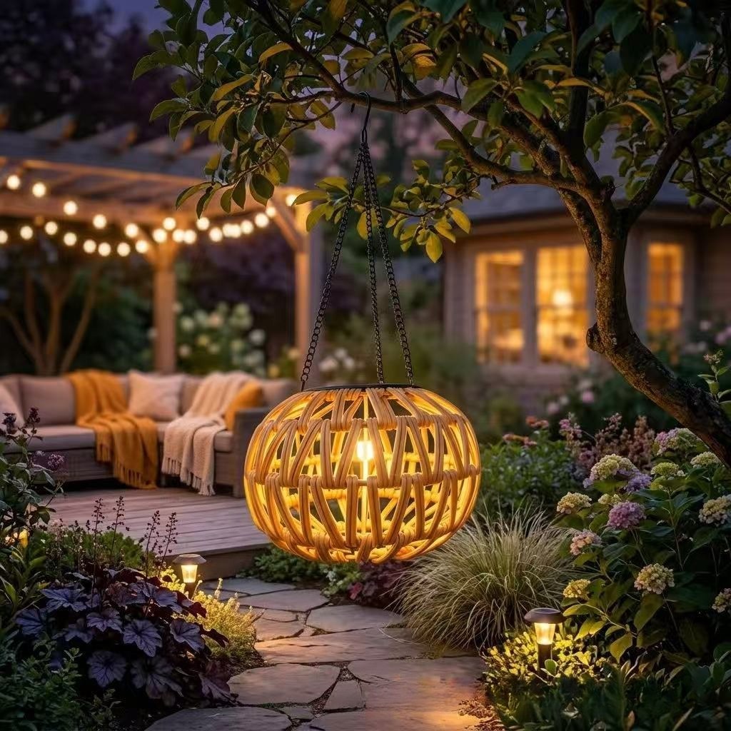 Solar woven rattan globe lantern with metal chain, warm interior glow