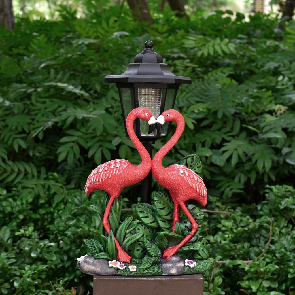 Tropical Romance Solar Lantern Statue – Hand-Painted Flamingo Garden Sculpture (12.5" Tall)
