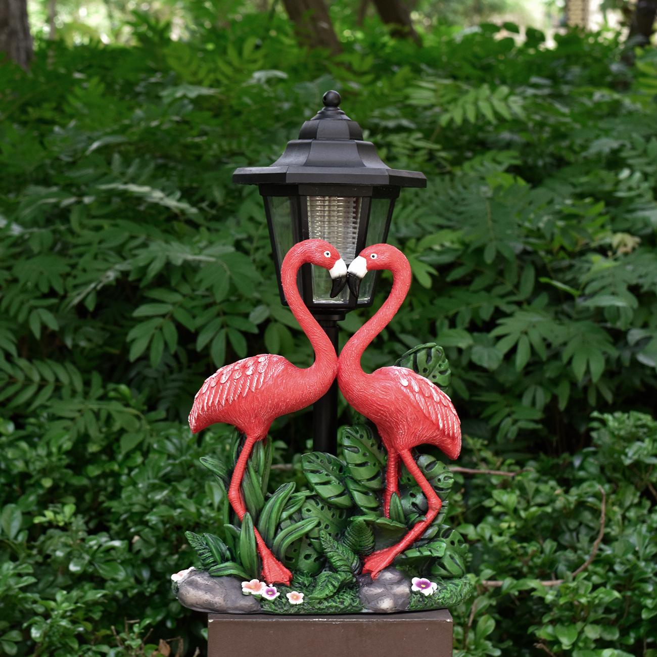 Tropical Romance Solar Lantern Statue – Hand-Painted Flamingo Garden Sculpture (12.5" Tall)