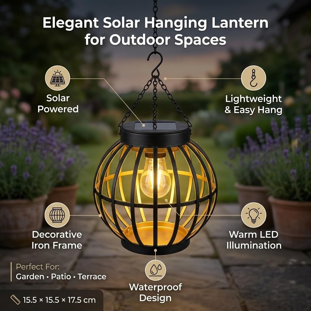 Spherical Solar Hanging Lantern – Rustic Iron Cage Outdoor Light with Vintage Edison Bulb