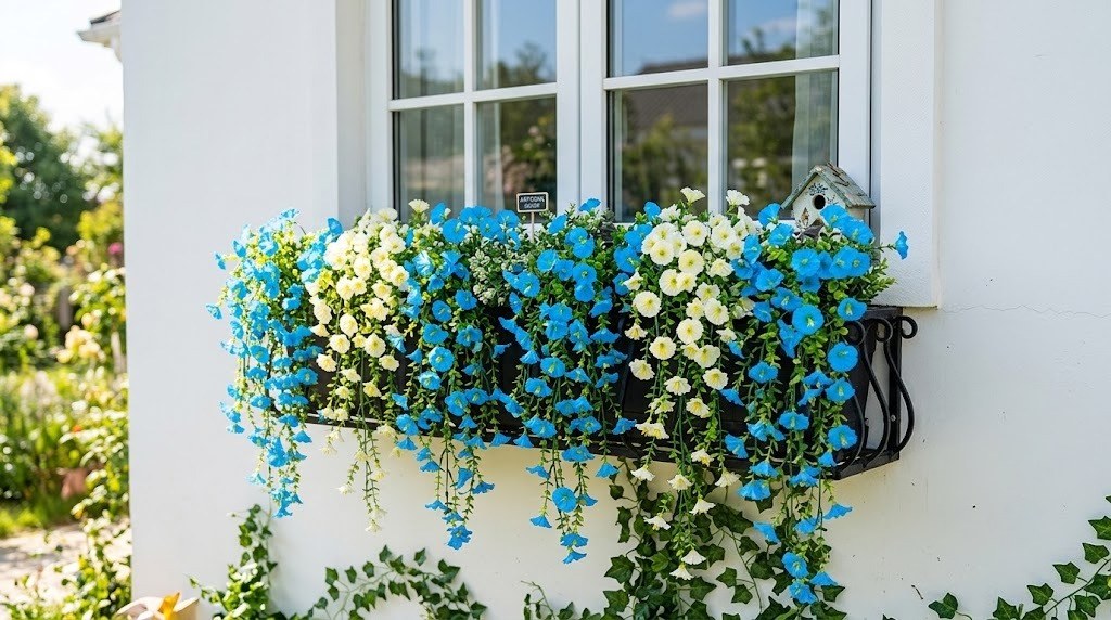 Artificial hanging vine flowers with blue and white blooms over a planter.