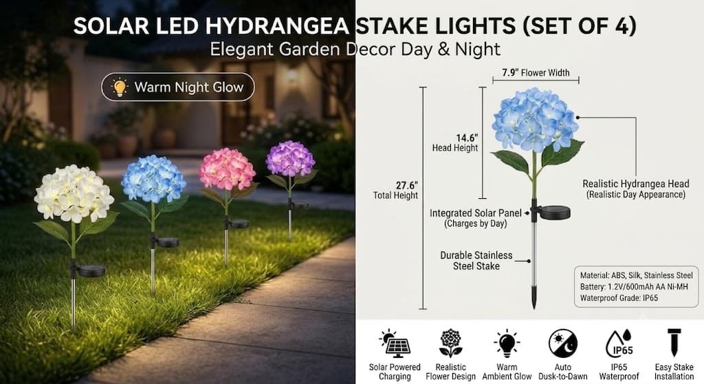 Luminous Hydrangea Solar Pathway Lights – Waterproof Blooming Flower Garden Stakes Courtyard Decoration