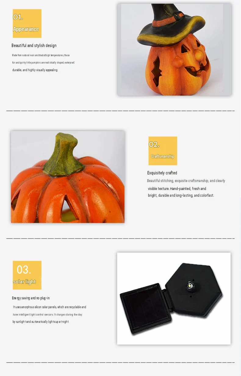 Solcellsdrivna Halloween-gångbelysning; närbild på orange pumpa och detaljer från solpaneler