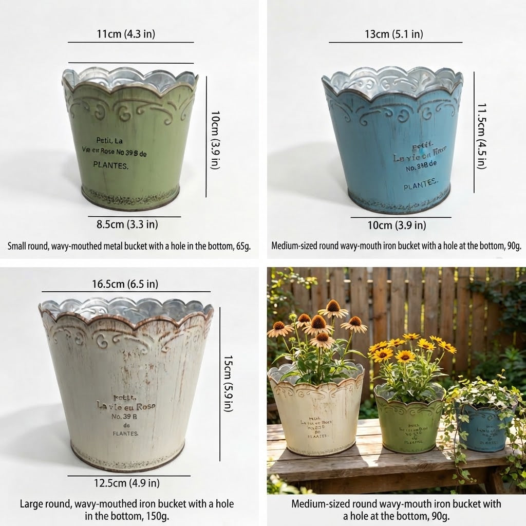 Vintage French Country Metal Planter Set – 3-Piece Rustic Scalloped Flower Pots
