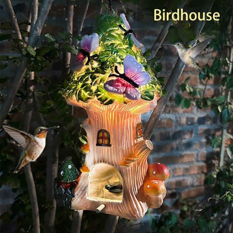 Solar Fairy Treehouse & Butterfly Lantern – Hand-Painted Glowing Woodland Garden Decor