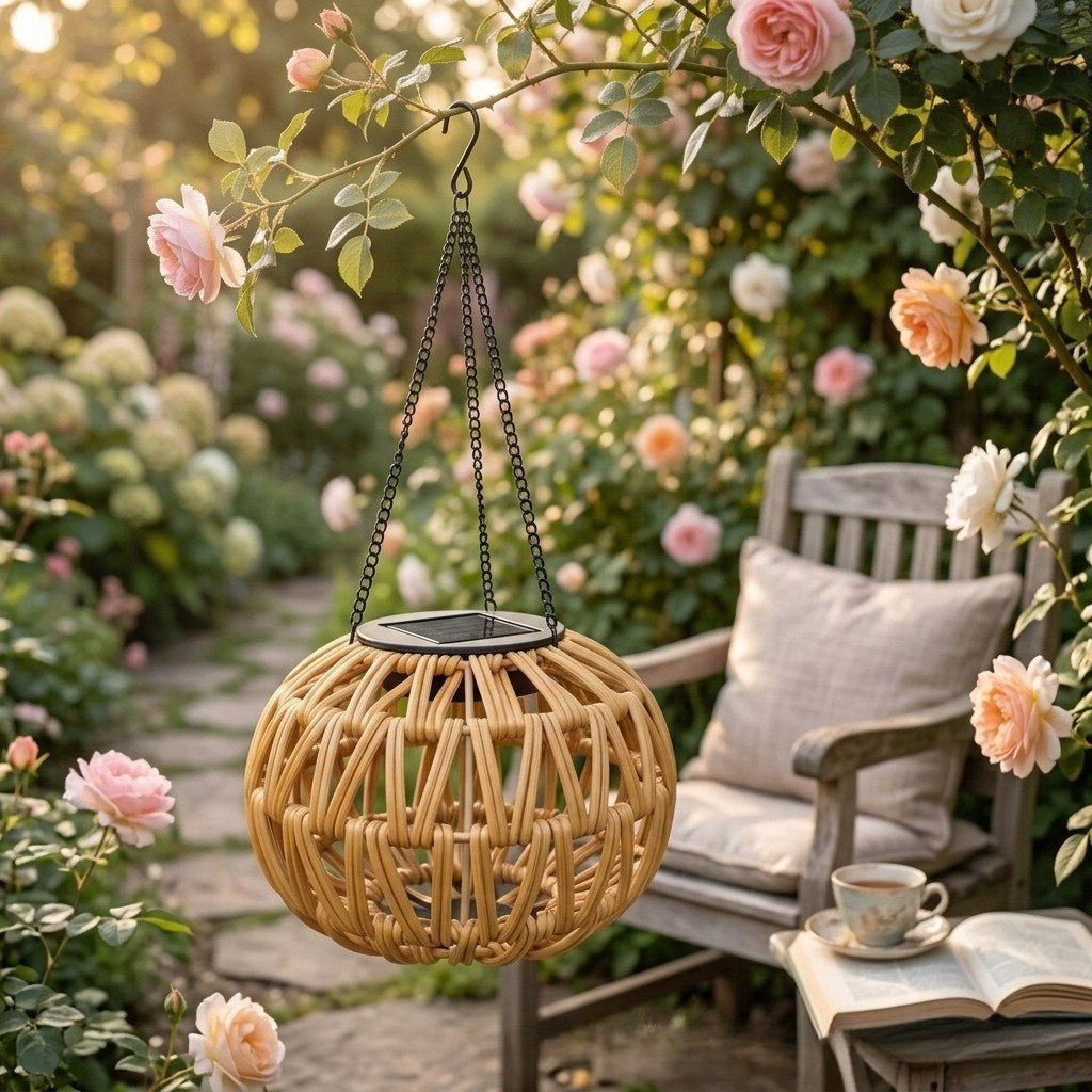Woven rattan pendant globe lantern with metal chain, warm glow