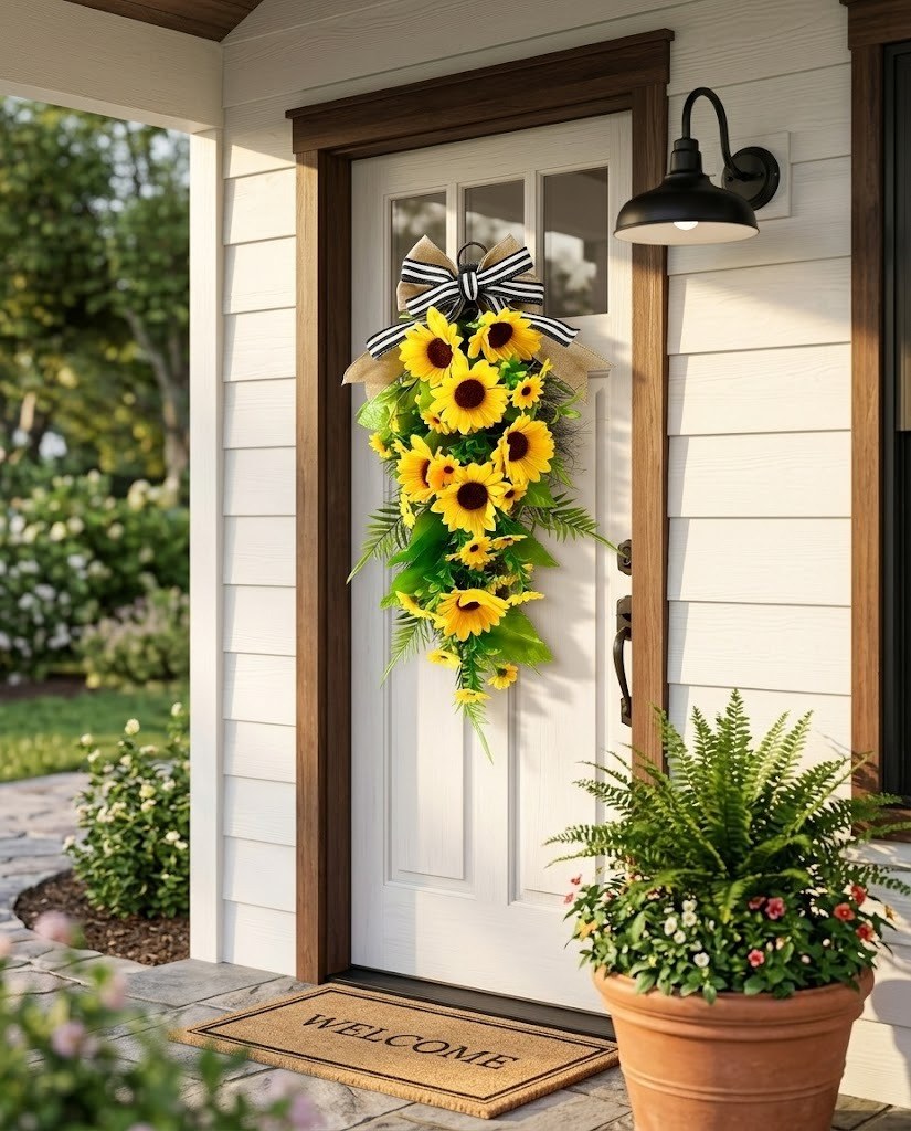 Farmhouse Sunflower Teardrop Swag – Artificial Front Door Wreath with Burlap Bow (24" Long)