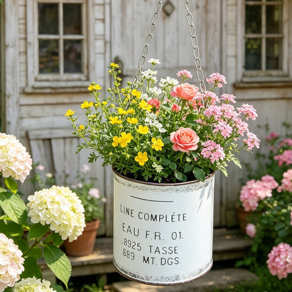 Vintage French Country Metal Hanging Planter with Chain